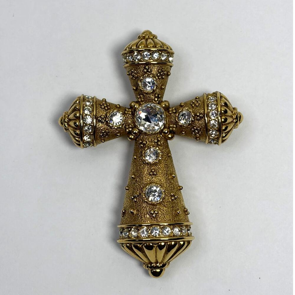 Premier Designs Large Gold Tone Rhinestone Cross Brooch Pendant Crucifix